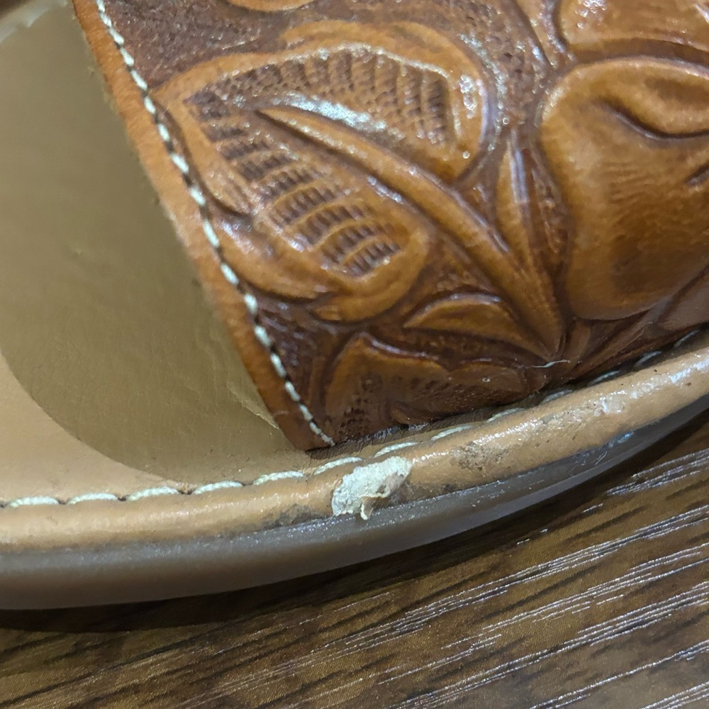 Women's Tan Floral Tooled Leather Slide Sandals - Picture 4 of 5